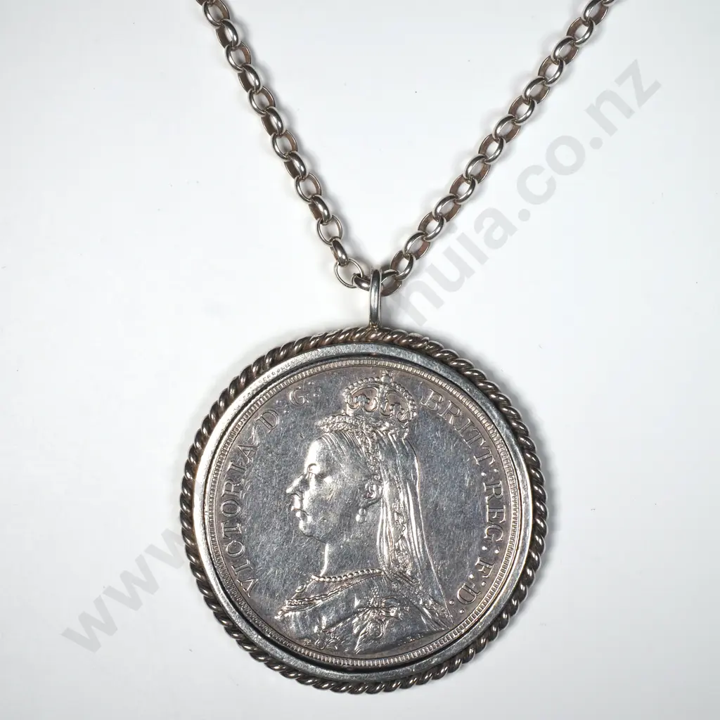 1887 UK Full Crown Spinner Pendant on Belcher Link Necklace Image 1++