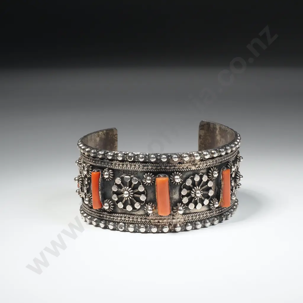 Antique Egyptian Sterling Silver & Coral Cuff Bracelet Image 1++