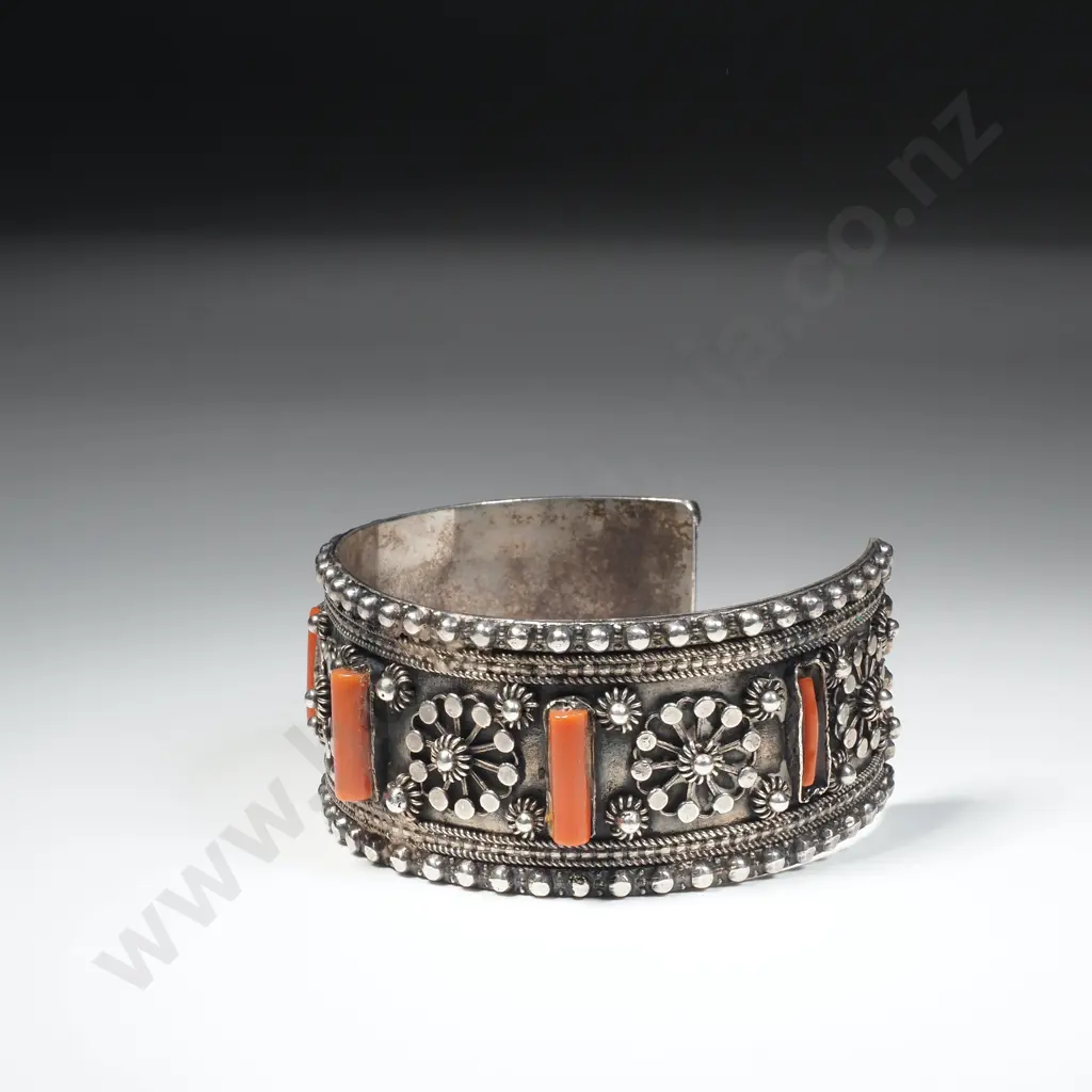Antique Egyptian Sterling Silver & Coral Cuff Bracelet Image 1++