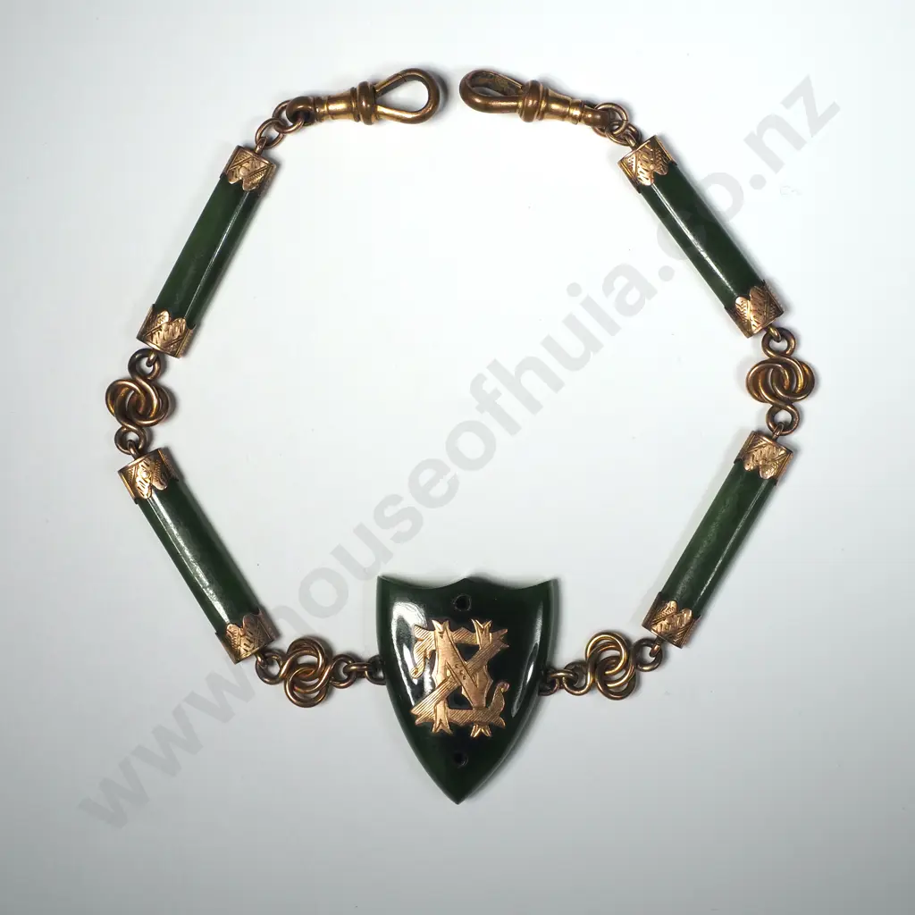 Colonial New Zealand 9ct Gold & Greenstone Fob Chain Image 1++