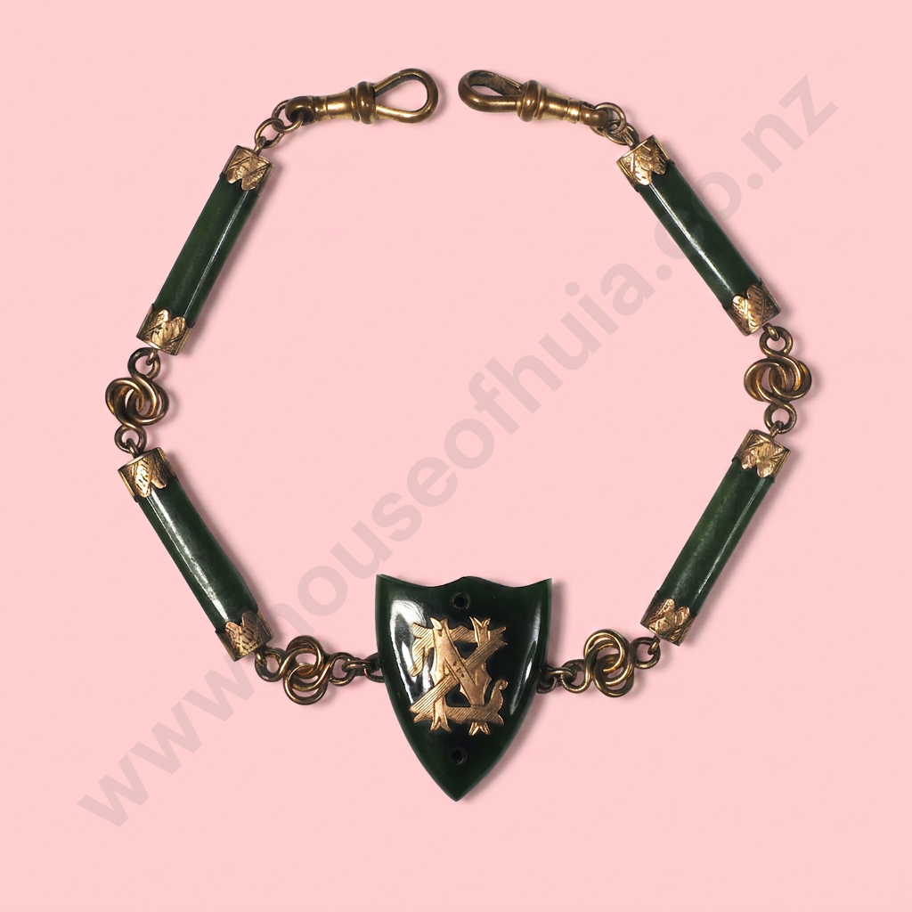 Colonial New Zealand 9ct Gold & Greenstone Fob Chain Image 1++