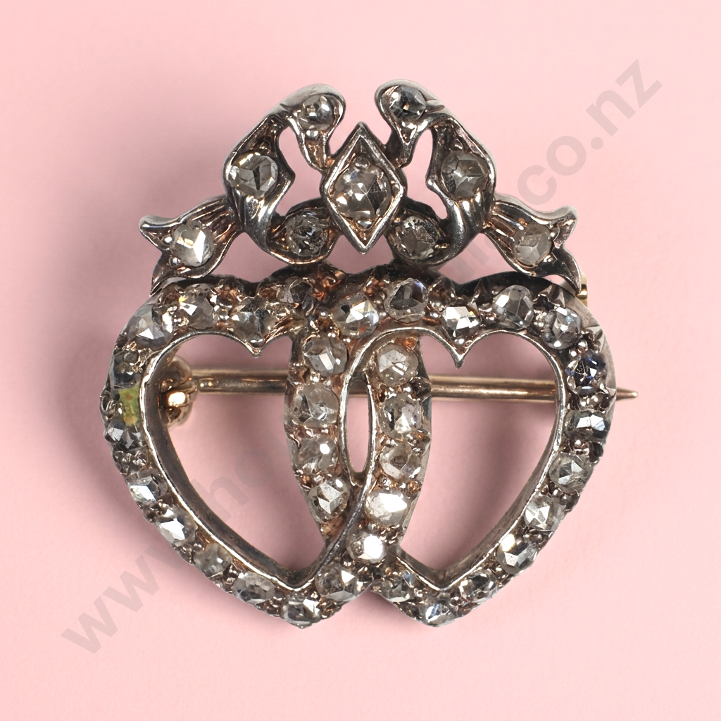 Antique Rose Cut Diamond Set Double Heart Brooch- Sparkly Spectacle!! Image 1++