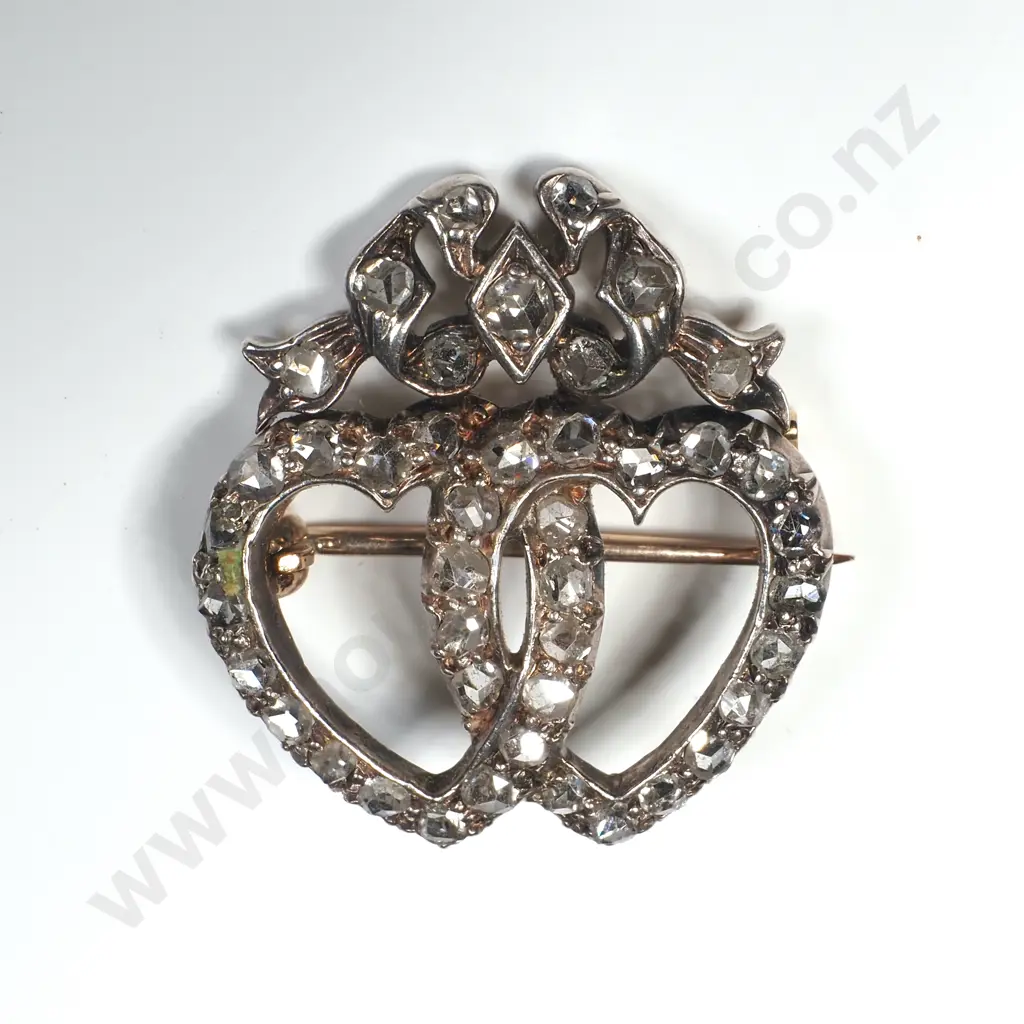 Antique Rose Cut Diamond Set Double Heart Brooch- Sparkly Spectacle!! Image 1++