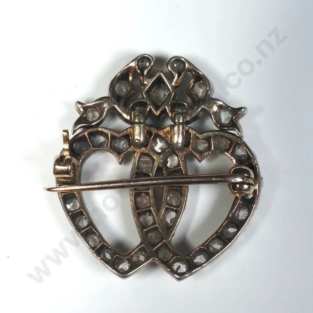 Antique Rose Cut Diamond Set Double Heart Brooch- Sparkly Spectacle!! Image 1++