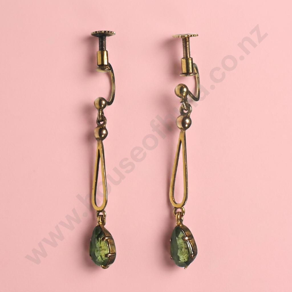 Edwardian 9ct gold Green Gem Earrings Image 1++