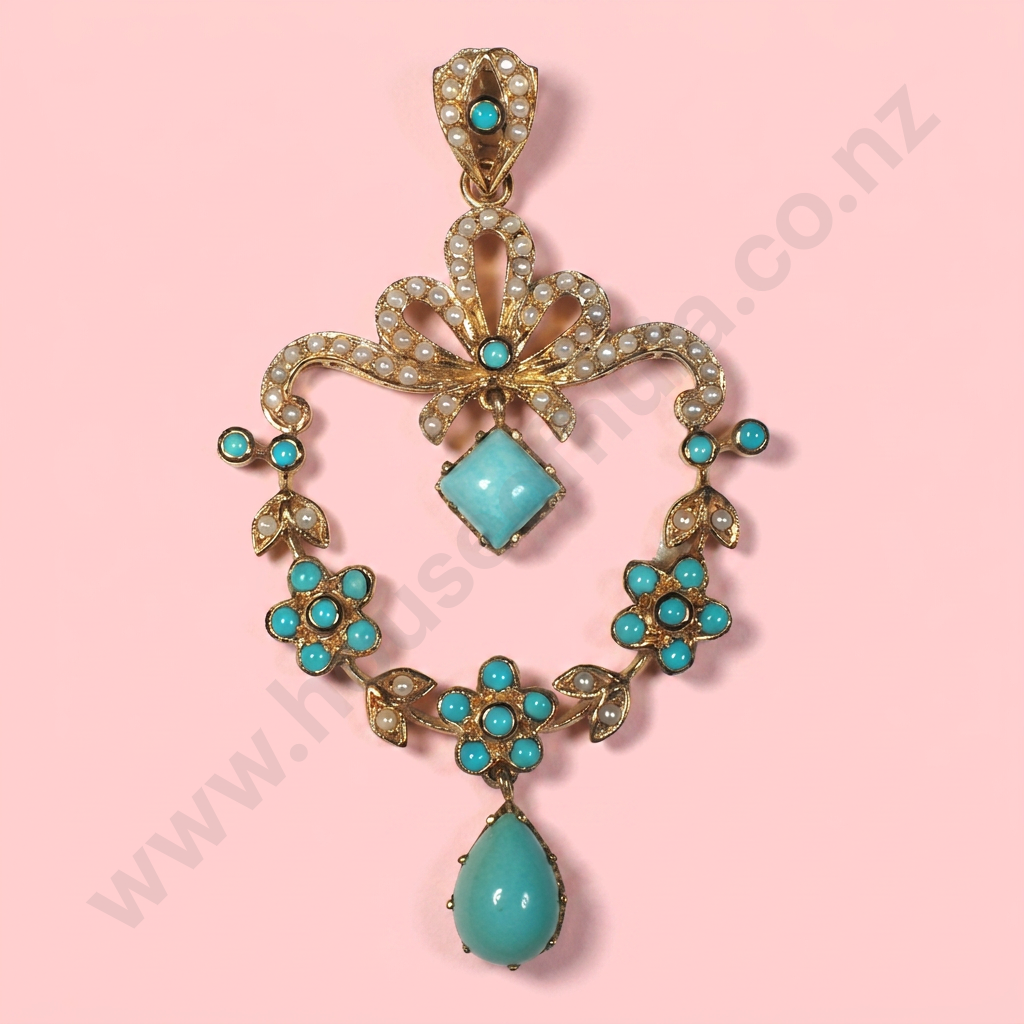 Impressive 9ct Gold Seedpearl & Turquoise Pendant Image 1++