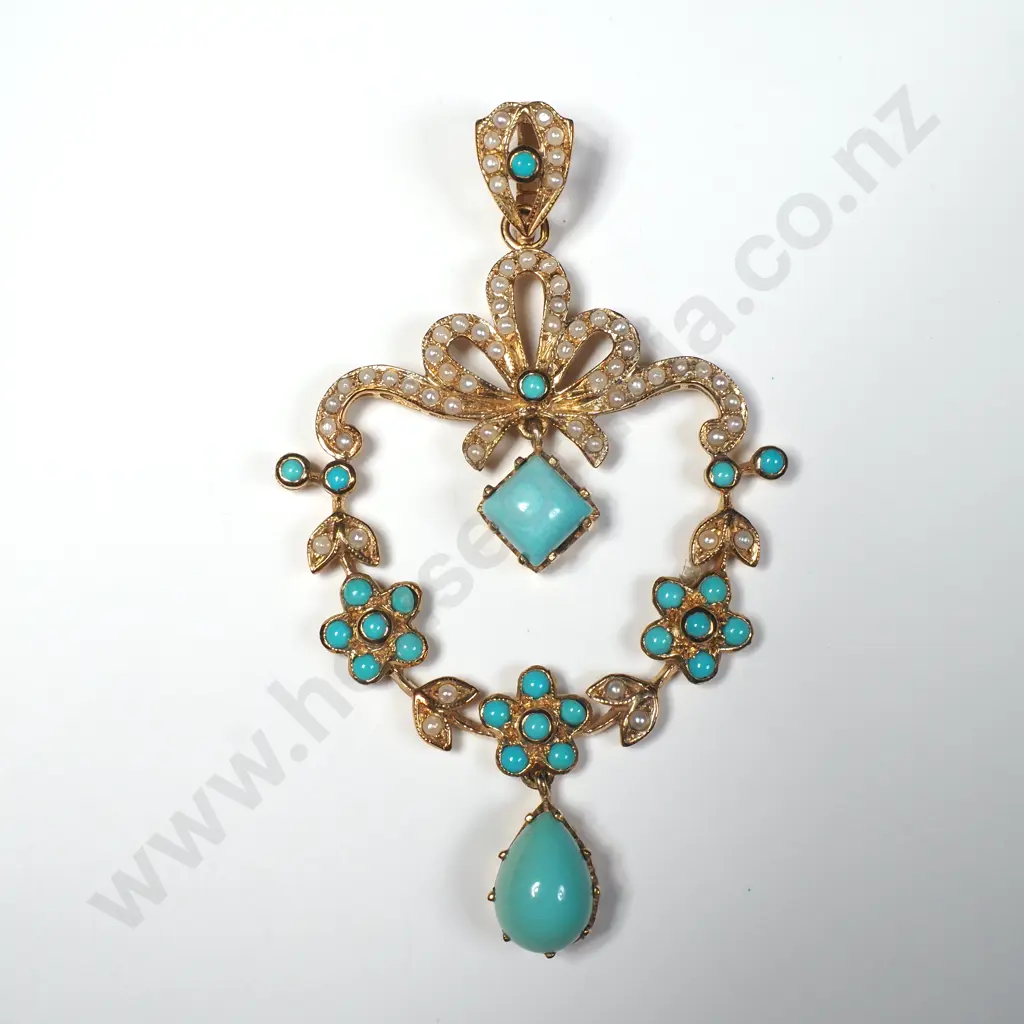 Impressive 9ct Gold Seedpearl & Turquoise Pendant Image 1++