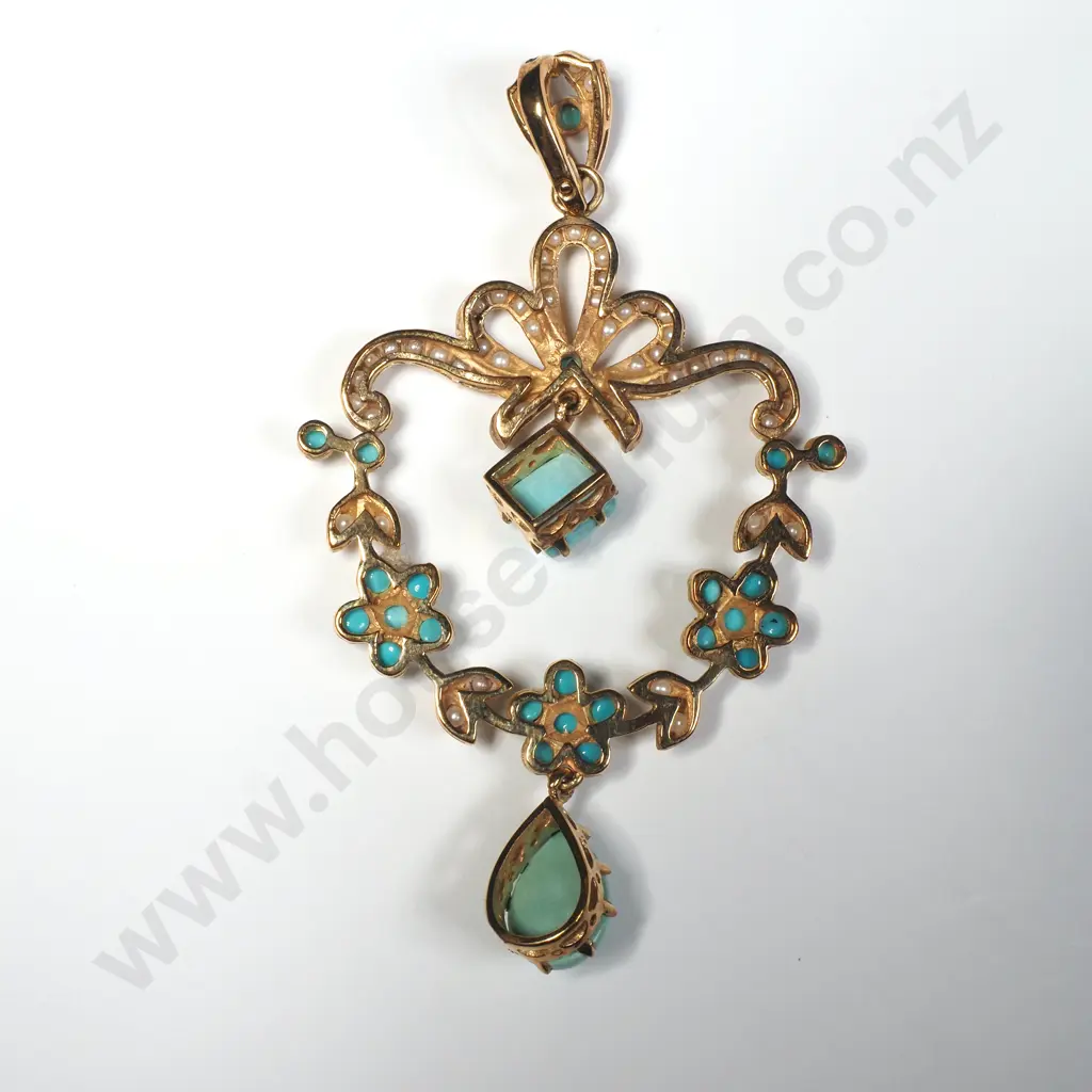 Impressive 9ct Gold Seedpearl & Turquoise Pendant Image 1++