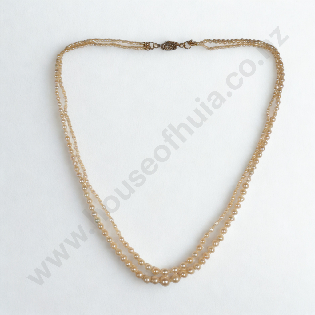 Scarce Edwardian Double Strand of Natural Pearls w 15ct Gold & Diamond Clasp in Antique Case W Valuation $8,900.00 Image 1++