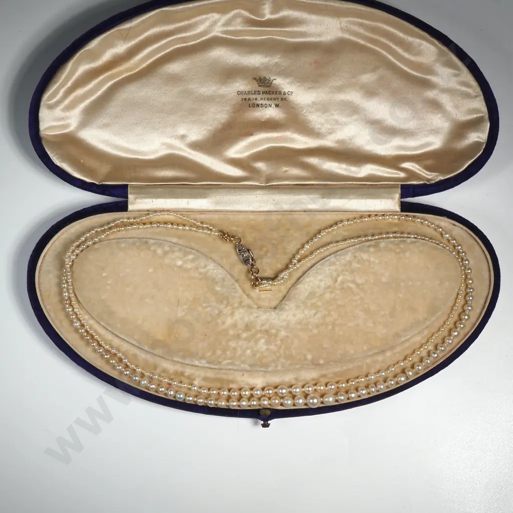 Scarce Edwardian Double Strand of Natural Pearls w 15ct Gold & Diamond Clasp in Antique Case W Valuation $8,900.00 Image 1++