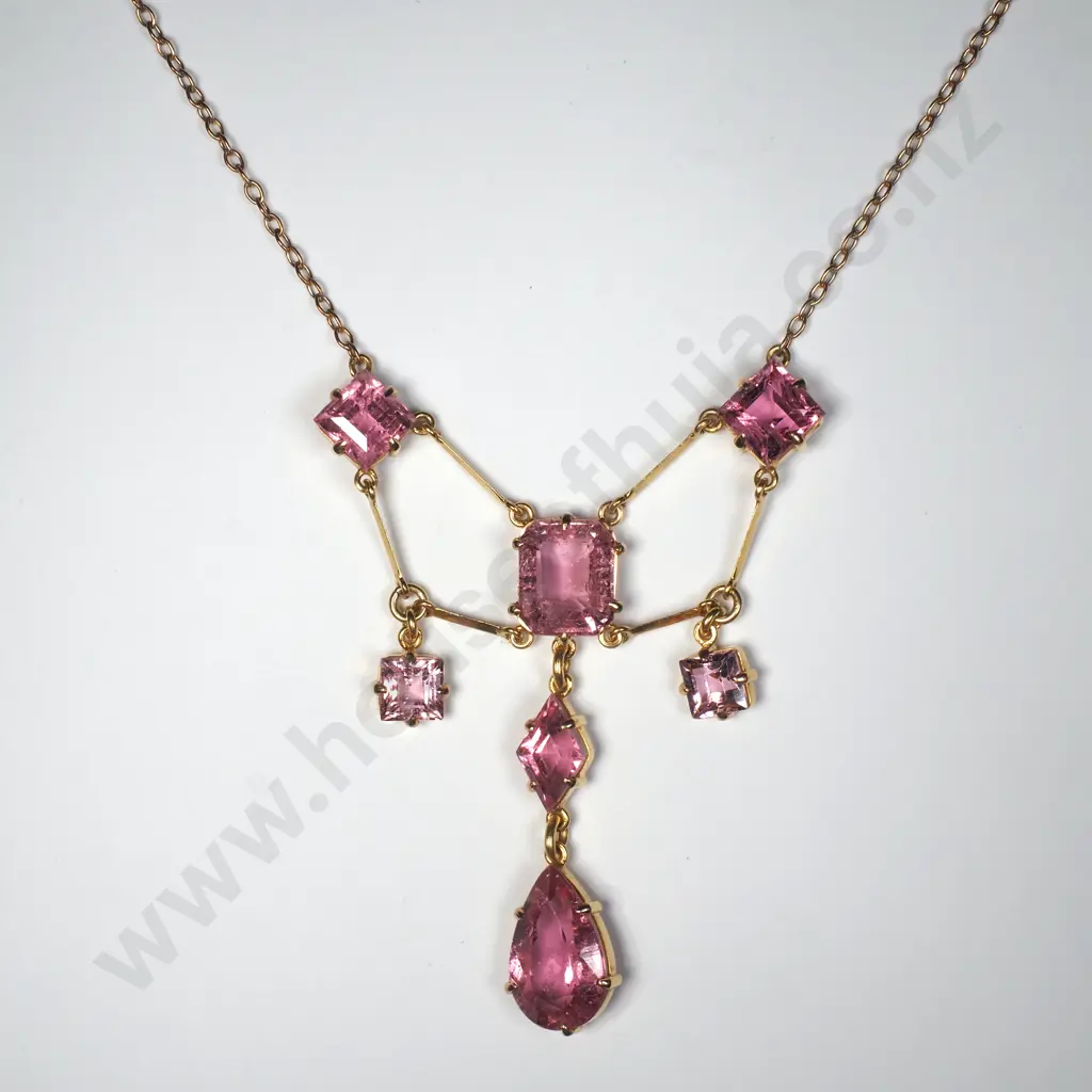 Exceptional 15ct Gold Colonial Gemstone Necklace, Pink Tourmalines, Antique Case Image 1++