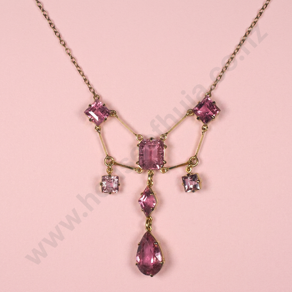 Exceptional 15ct Gold Colonial Gemstone Necklace, Pink Tourmalines, Antique Case Image 1++