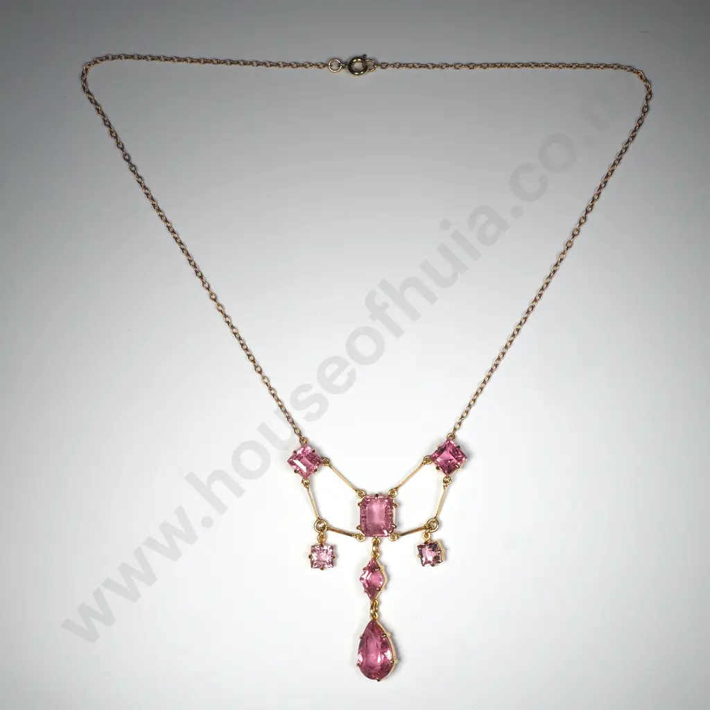 Exceptional 15ct Gold Colonial Gemstone Necklace, Pink Tourmalines, Antique Case Image 1++