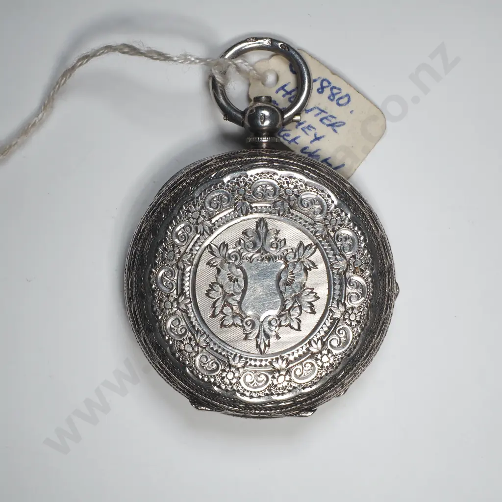 Sterling Silver Pcoket Watch w Intricate Engraving & Winding Key Image 1++