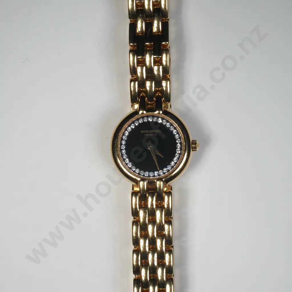 Vintage Raymond Weil Ladies Quartz Wristwatch w Gold Plate Bracelet & Black Dial Surrounded w Crystals Image 1++