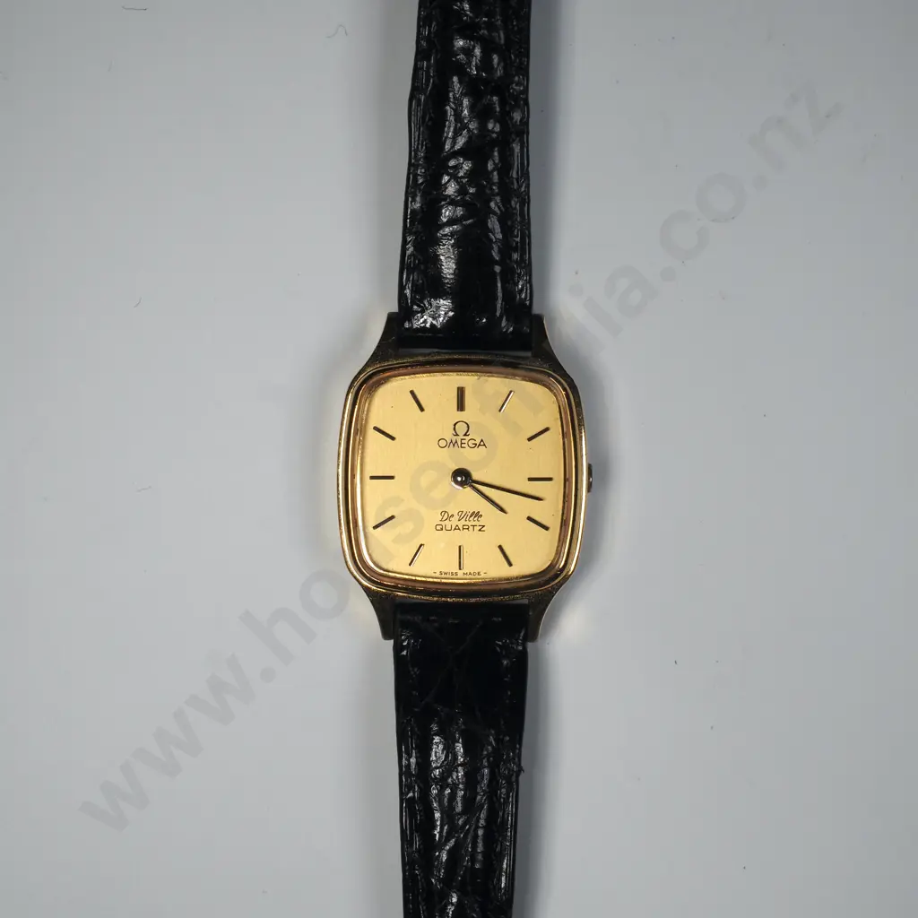 Omega De Ville Ladies Quartz Watch w Gold Plated Case & Black Strap, in Original Box Image 1++