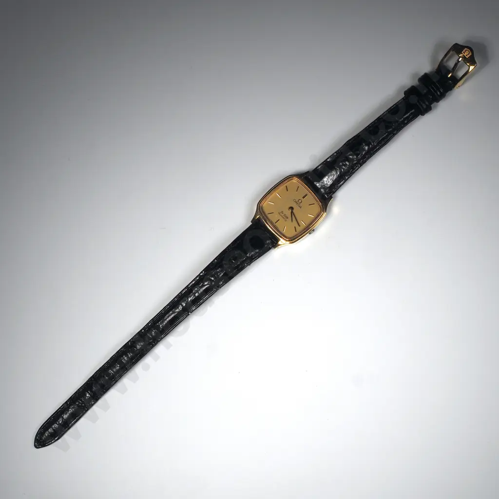 Omega De Ville Ladies Quartz Watch w Gold Plated Case & Black Strap, in Original Box Image 1++