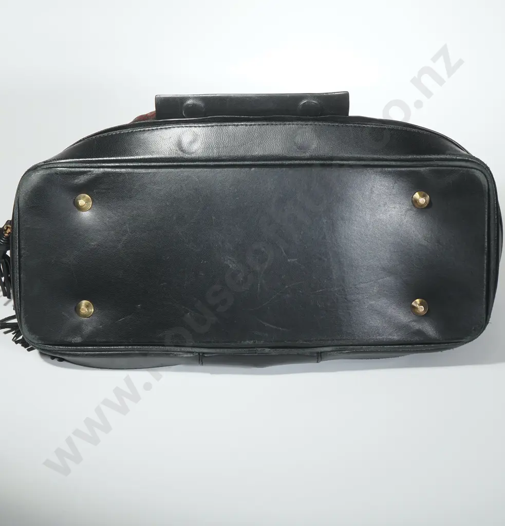 Vintage Shanghai Tang Handbag w Tassel Detail w Central Panel of Leather Flanked by Patterned Velvet Image 1++