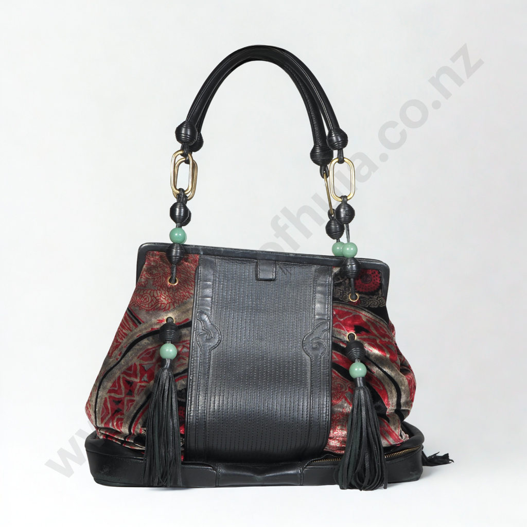 Vintage Shanghai Tang Handbag w Tassel Detail w Central Panel of Leather Flanked by Patterned Velvet Image 1++