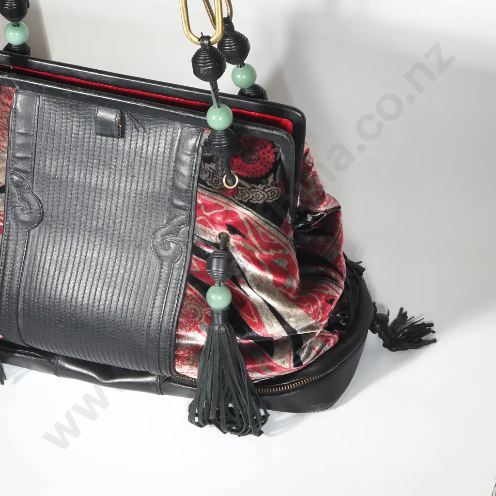 Vintage Shanghai Tang Handbag w Tassel Detail w Central Panel of Leather Flanked by Patterned Velvet Image 1++