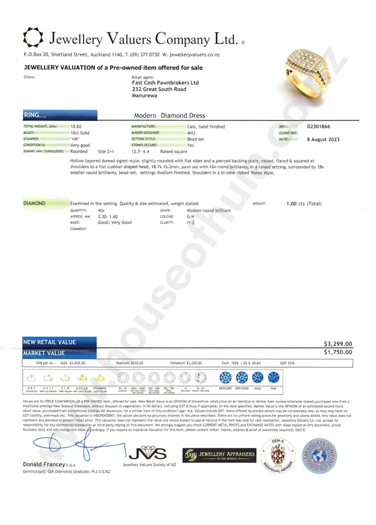 Large 10ct Gold Diamond Ring w Valuation for $3,299.00 Image 1++