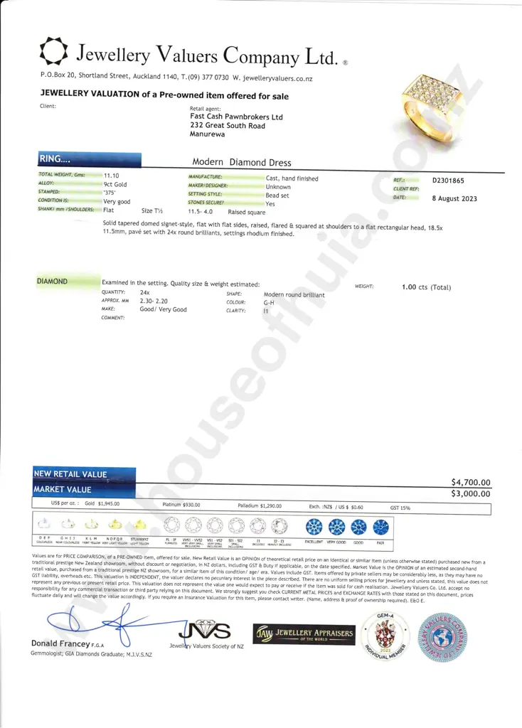 Substantial 9ct Gold Diamond Gents Ring w Valuation for $4700.00 Image 1++