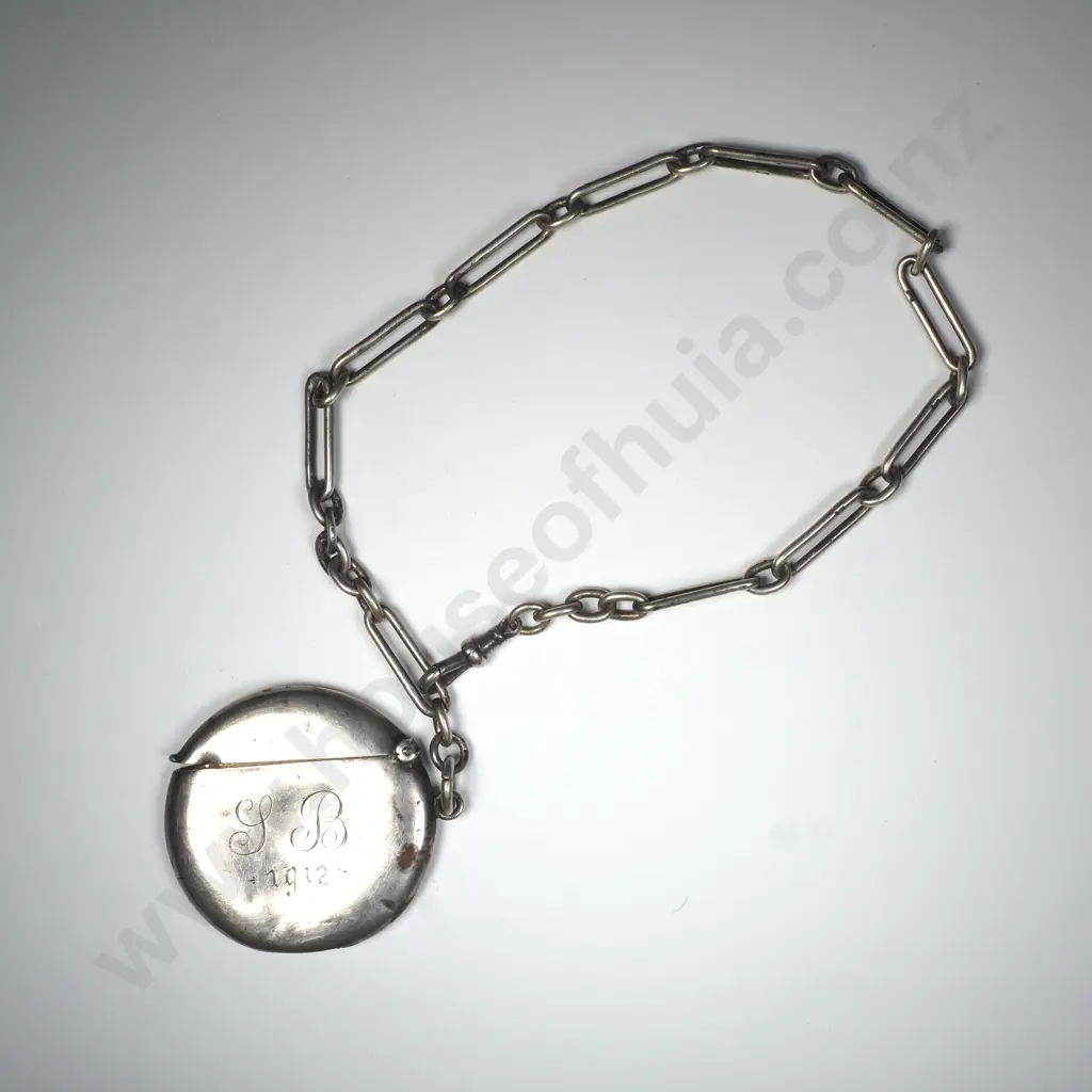Sterling Silver Round Vesta Case on Sterling Silver Paperclip Fob Chain Image 1++