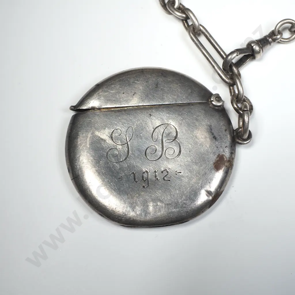 Sterling Silver Round Vesta Case on Sterling Silver Paperclip Fob Chain Image 1++