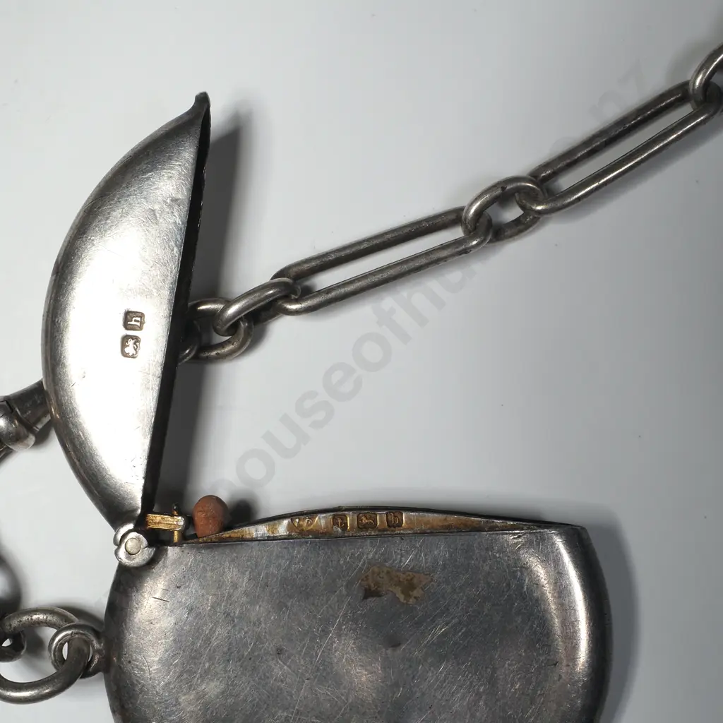 Sterling Silver Round Vesta Case on Sterling Silver Paperclip Fob Chain Image 1++