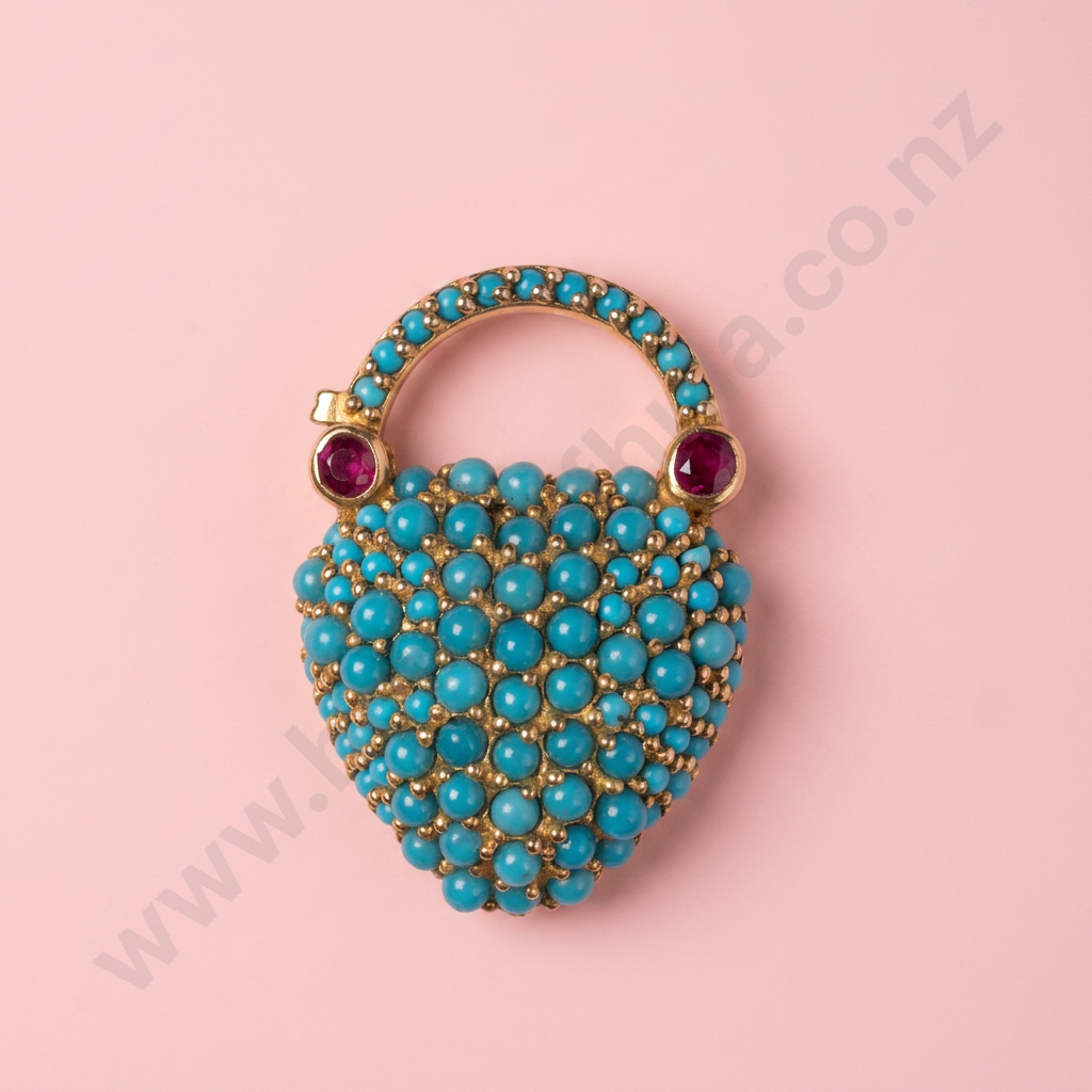 Exquisite Rolled Gold Turquoise & Stone Set Heart Clasp Image 1++