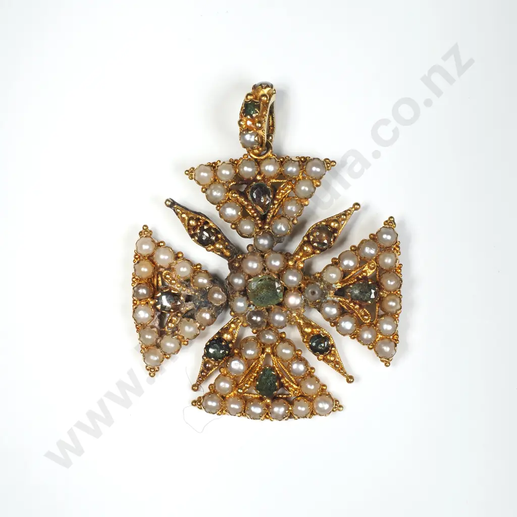Exceptional Antique High Carat Gold Seed Pearl & Gem Maltese Cross Pendant Image 1++