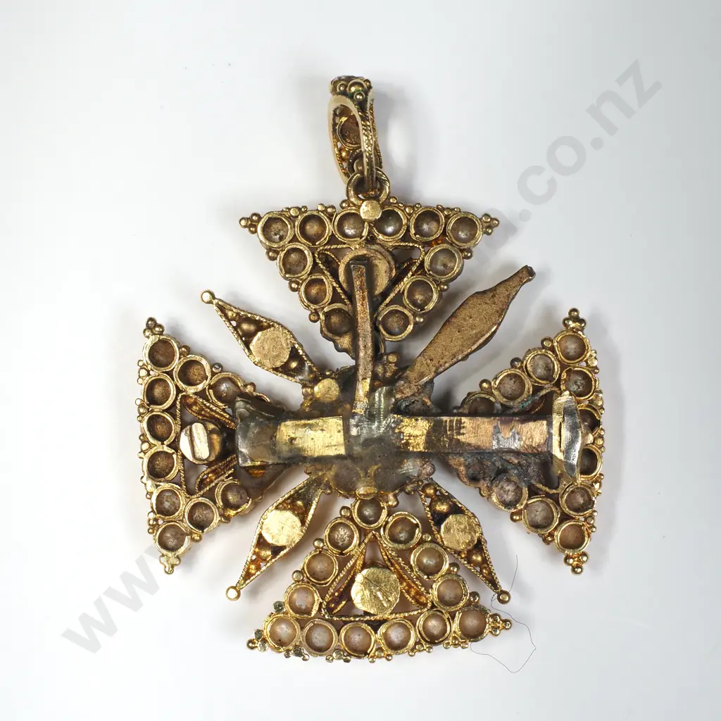 Exceptional Antique High Carat Gold Seed Pearl & Gem Maltese Cross Pendant Image 1++