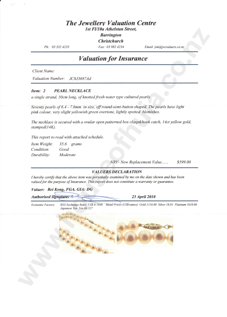 Pearl Necklace w 14ct Gold Clasp w Valuation $599 Image 1++