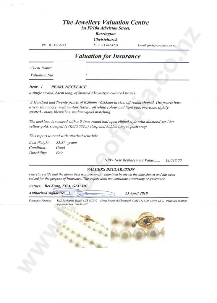 Long Pearl Necklace w 14ct Gold Clasp w Valuation for $2,048.00 Image 1++