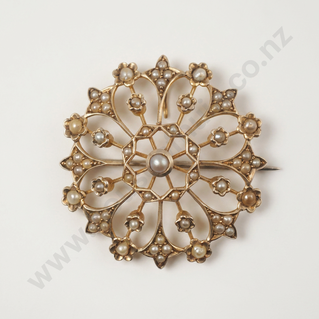 Edwardian 9ct Gold Seed Pearl Star Burst Brooch Image 1++