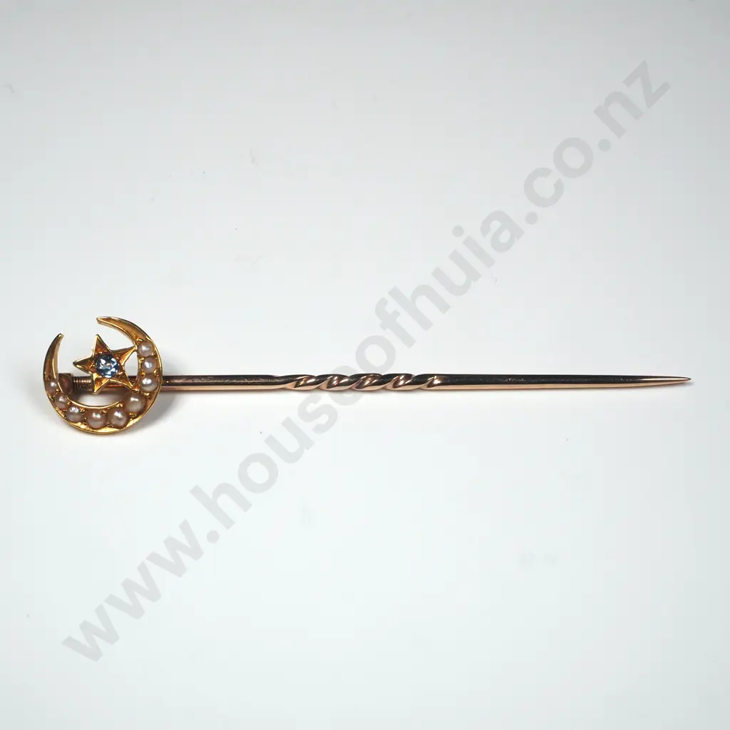 Antique 18ct Gold Sapphire & Seed Pearl Stick Pin Image 1++