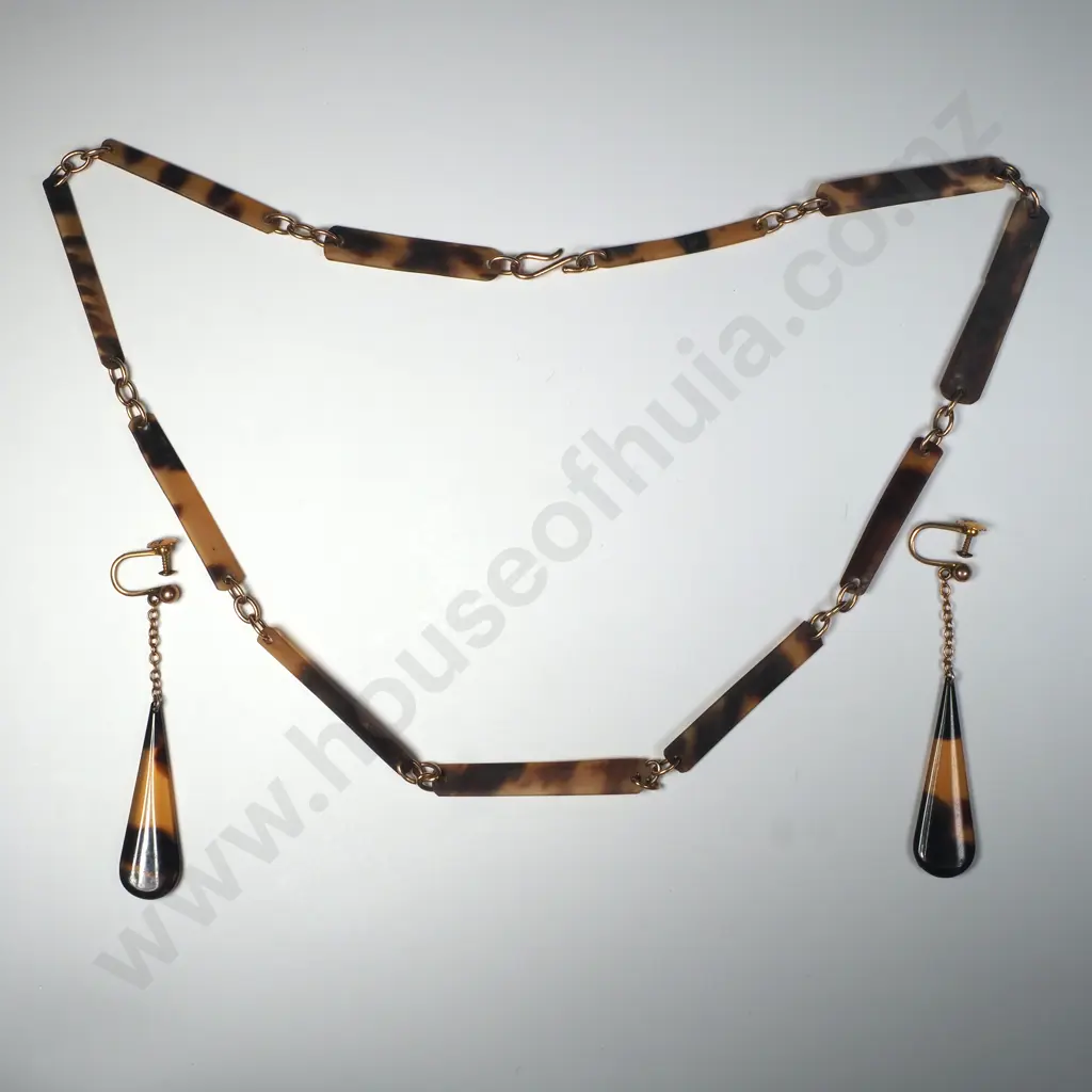 Vintage 9ct Gold Tortoiseshell Necklace & Earrings Image 1++
