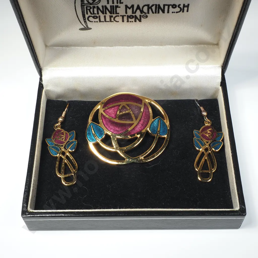 Gold Plated Brooch & Earrings from the Rennie Mackintosh Collection w Blue & Pink Enamel Detail Image 1++