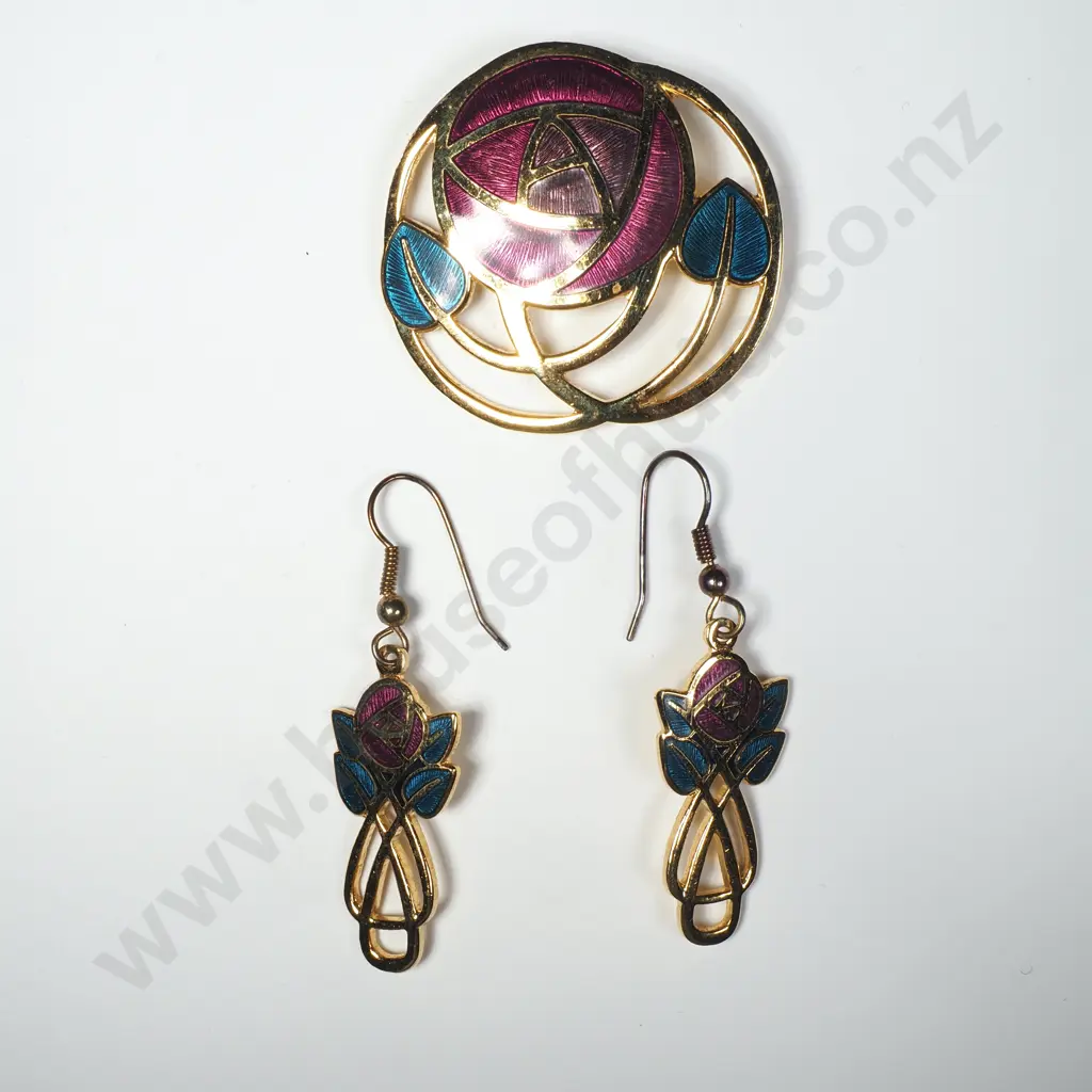 Gold Plated Brooch & Earrings from the Rennie Mackintosh Collection w Blue & Pink Enamel Detail Image 1++