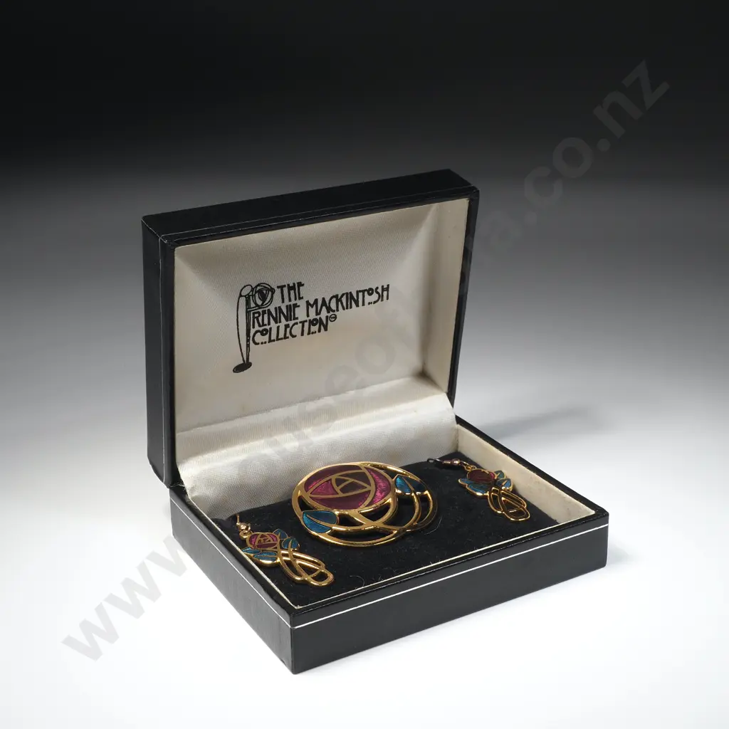 Gold Plated Brooch & Earrings from the Rennie Mackintosh Collection w Blue & Pink Enamel Detail Image 1++