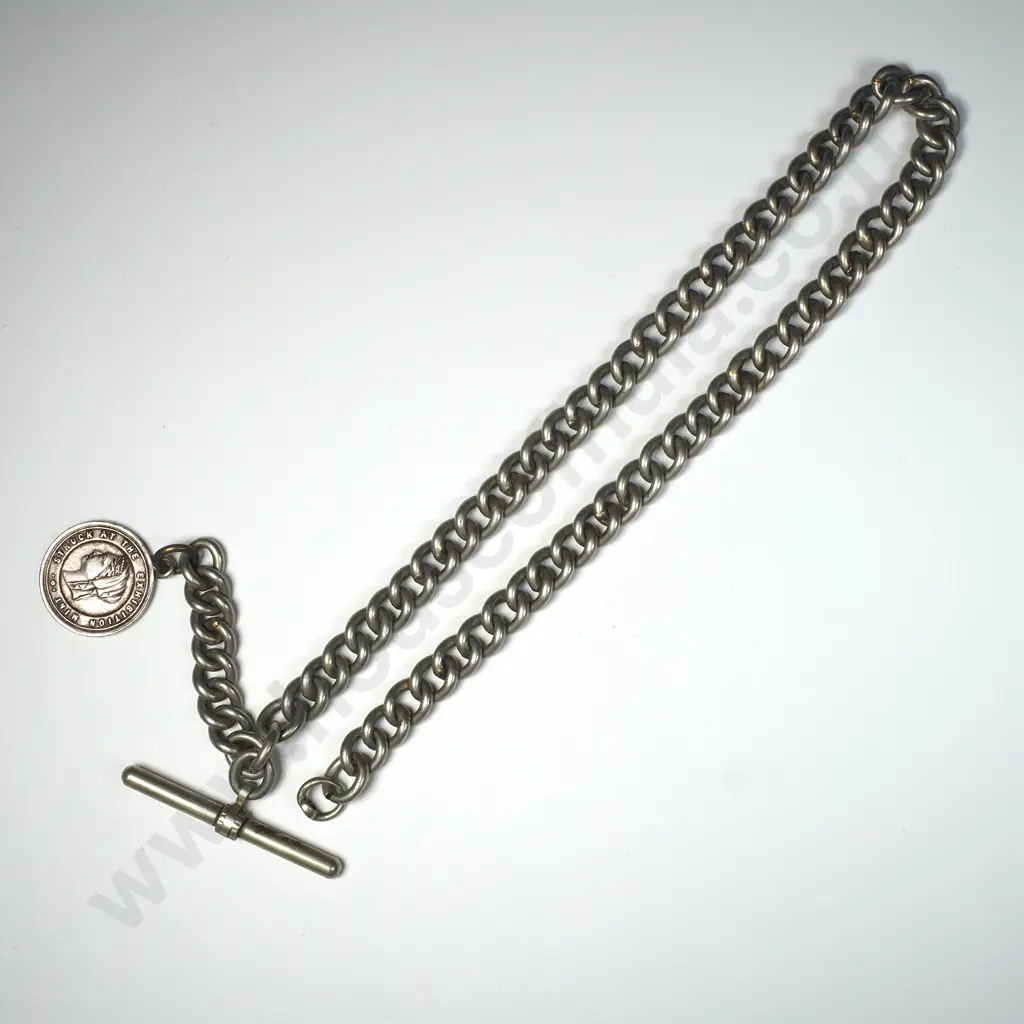 Base Metal Fob Chain w 1898 Otago Jubilee Silver Exhibition Medalette Image 1++