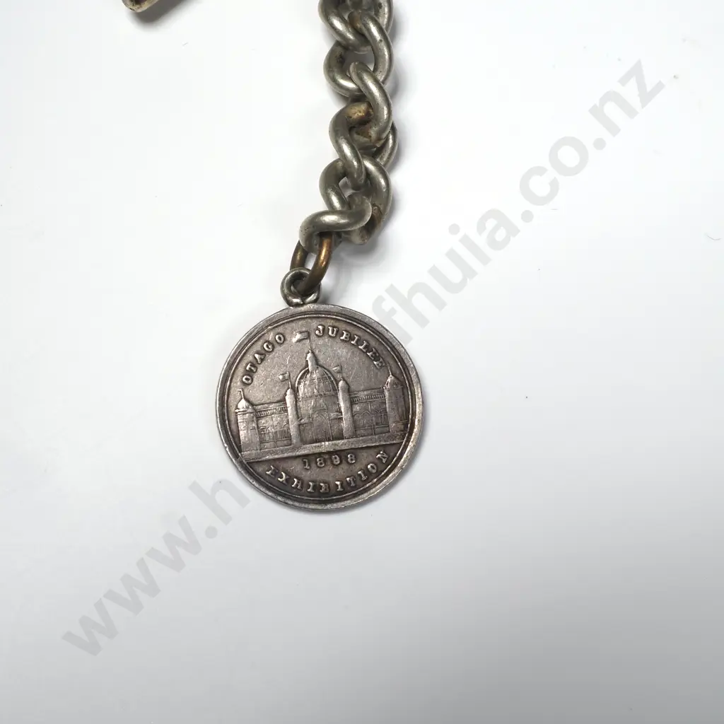 Base Metal Fob Chain w 1898 Otago Jubilee Silver Exhibition Medalette Image 1++