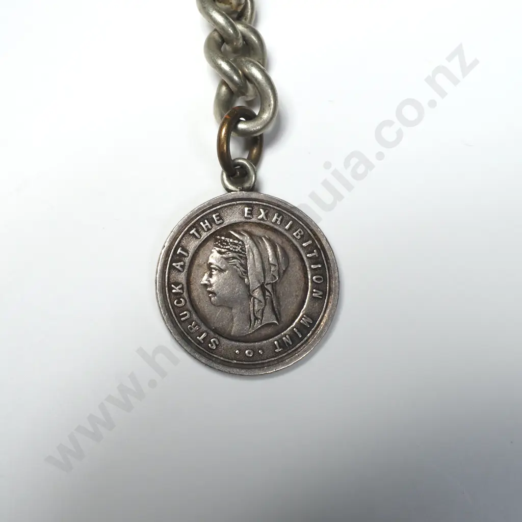Base Metal Fob Chain w 1898 Otago Jubilee Silver Exhibition Medalette Image 1++