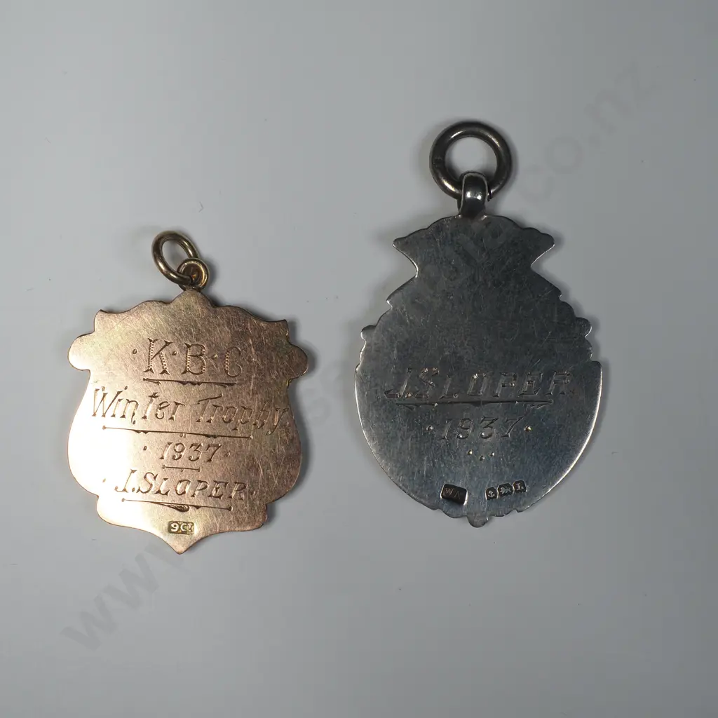 Two 1937 Prize Medals to J Sloper for Winter Trophy - One 9ct Gold - One Sterling Silver Image 1++