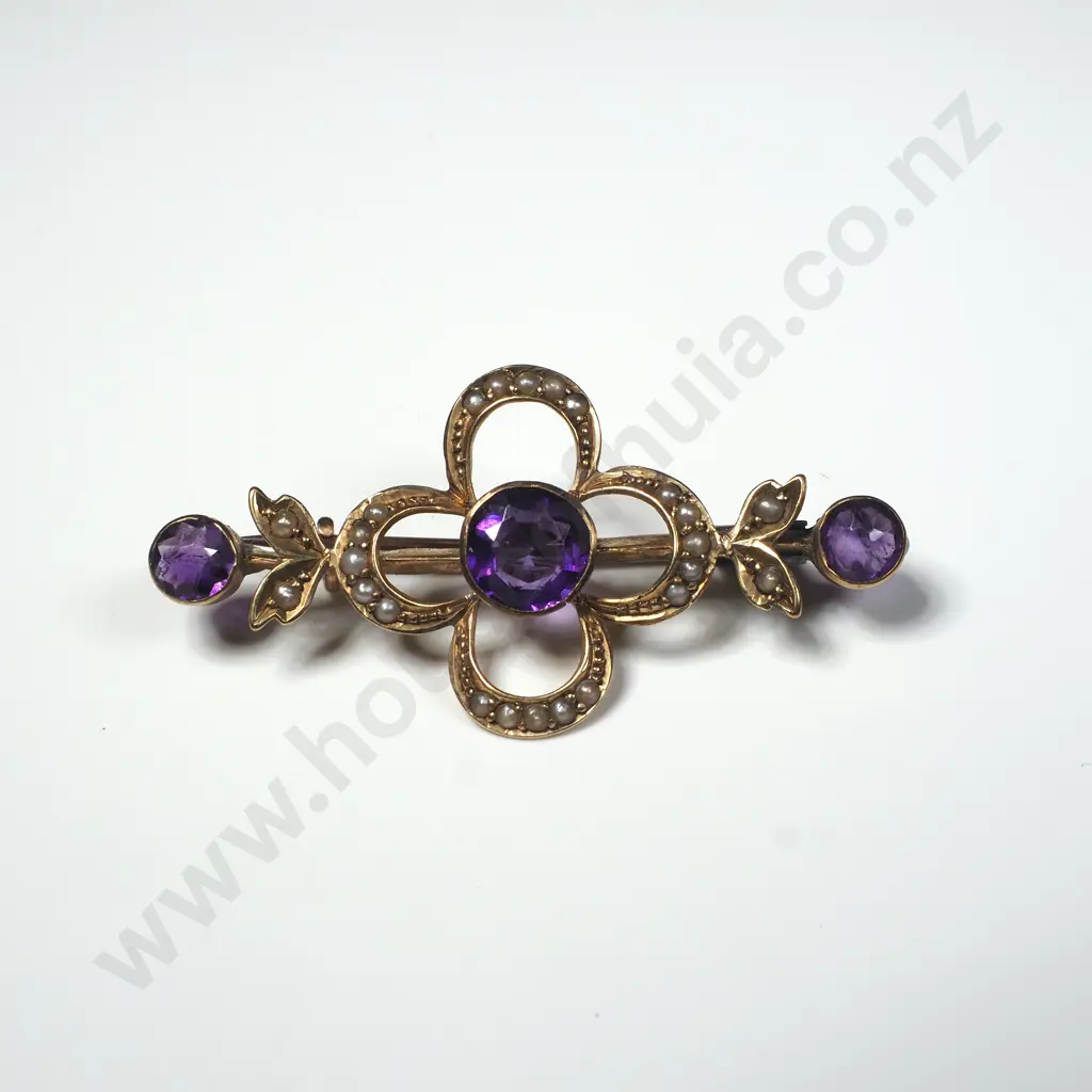Edwardian 9ct God & Amethyst Brooch w Valuation for $1,500.00 Image 1++