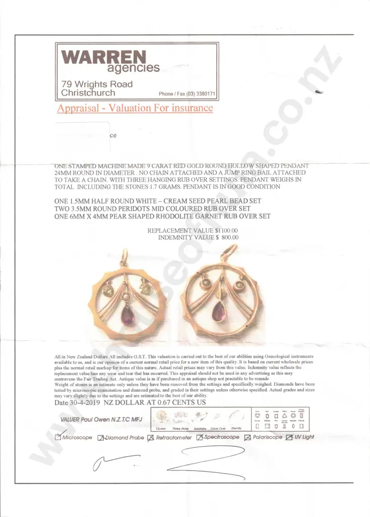 Edwardian 9ct Gold Pendant w Valuation for $1,100.000 Image 1++