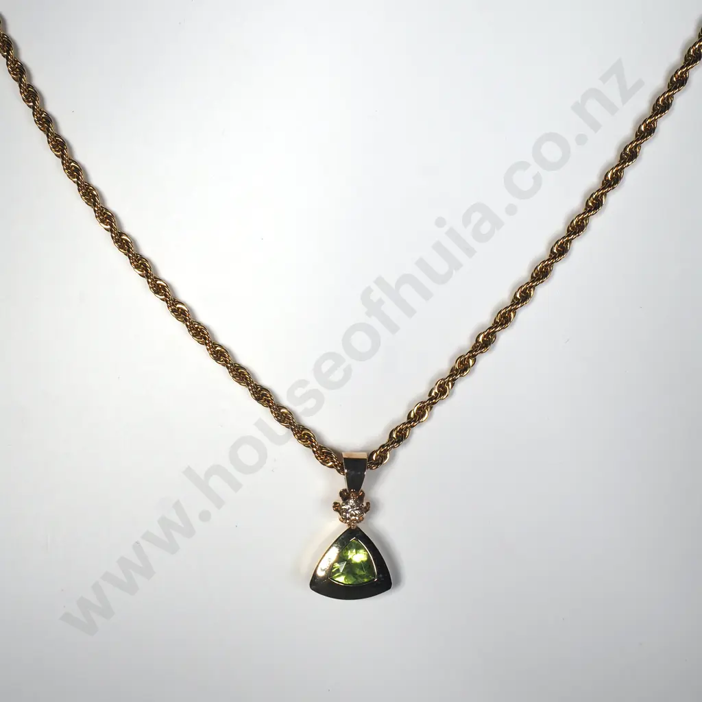 9ct Gold Diamond & Peridot w Rolled Gold Necklace Image 1++
