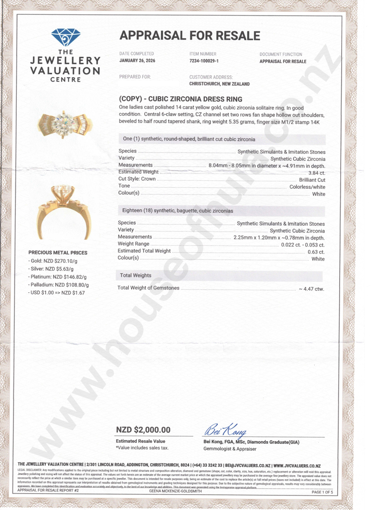 14ct Gold Cubic Zirconia Solitaire Ring - Valuation $2,000.00 Image 1++