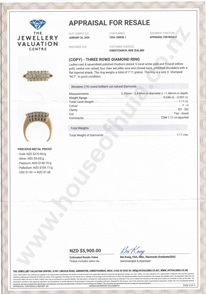 9ct Gold Three Row Diamond Ring - Valuation $5,900.00 Image 1++