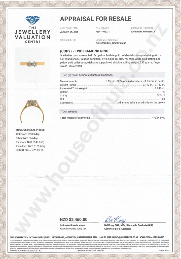 18ct Gold Two Stone Diamond Ring - Valuation $2,460.00 Image 1++